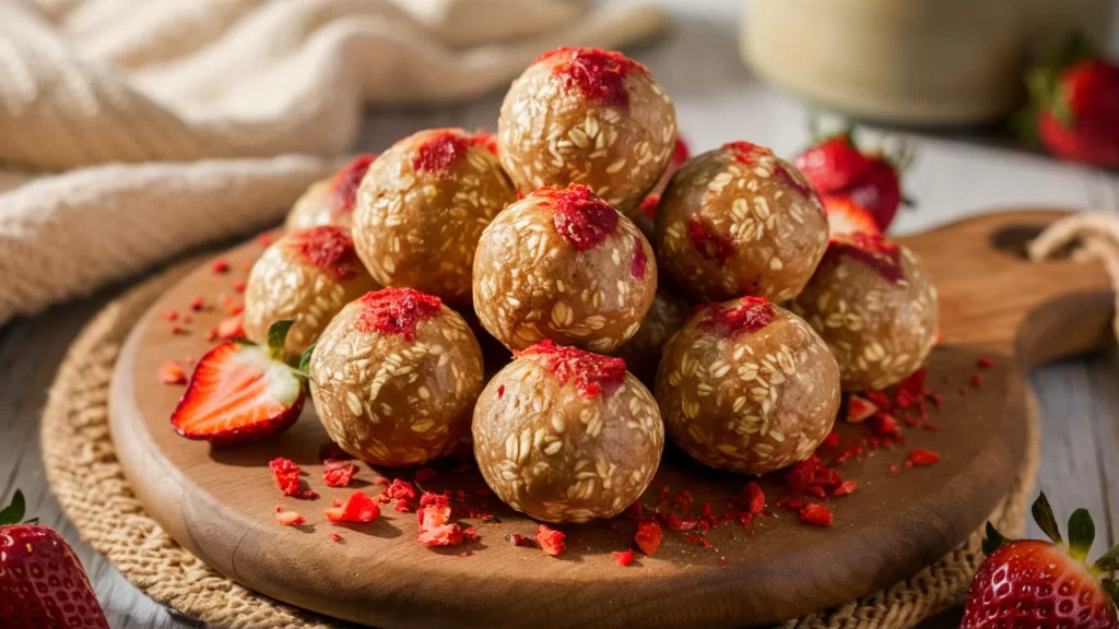 A cozy and inviting photograph of a rustic wooden board showcasing a tantalizing pile of scrumptious strawberry protein balls.