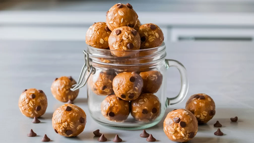 A clear glass mason jar filled with banana protein balls. The jar is placed on a clean kitchen counter with a few protein balls scattered around it