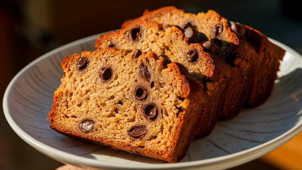 A slice of high-protein banana bread with chocolate chips, proudly displayed on a white ceramic plate.