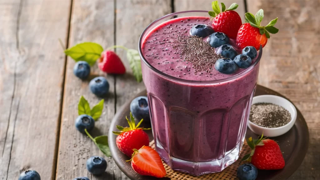 A delectable and visually appealing image of a tall, frosty glass filled with a vibrant purple smoothie.