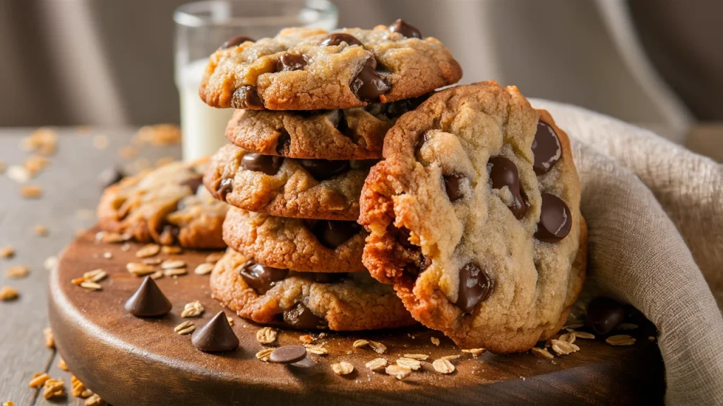 A delectable close-up photograph of a stack of golden-brown oatmeal chocolate chip cookies artfully arranged on a rustic wooden board.