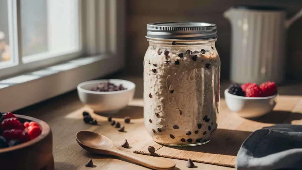 A warm and inviting kitchen scene, with a Mason jar of overnight oats taking center stage. The jar, filled with thick and creamy chocolate chip oats