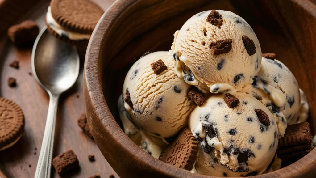 A close-up shot of a perfectly scooped portion of cookies and cream protein ice cream in a deep, rustic bowl.