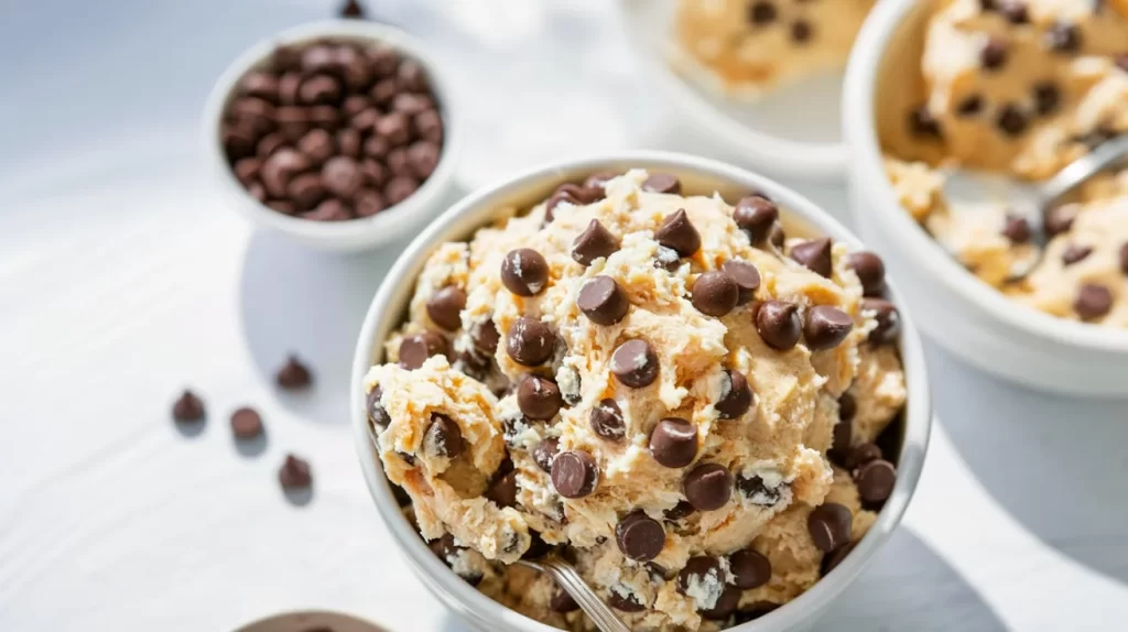 A scrumptious, close-up photo of a white bowl brimming with homemade cottage cheese cookie dough.