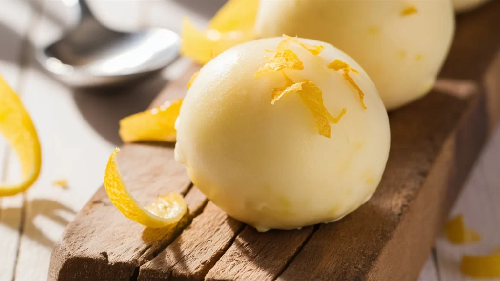 A mouth-watering close-up of a Lemon Zest Greek Yogurt Protein Ball, sitting on a rustic wooden surface.