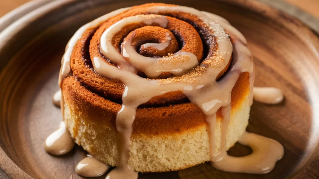 A mouthwatering close-up shot of a protein cinnamon roll, the focal point of the scene, sitting elegantly on a rustic wooden plate.