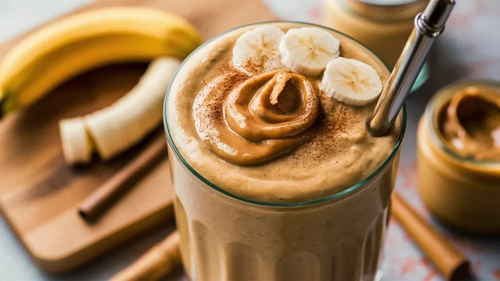 A close-up photograph of a delectable peanut butter banana protein smoothie, prominently displayed in a tall, clear glass.