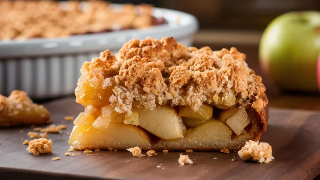 The camera captures a slice of apple crumble placed delicately on a plate,The topping is golden and crumbly, with hints of oats and almond flour