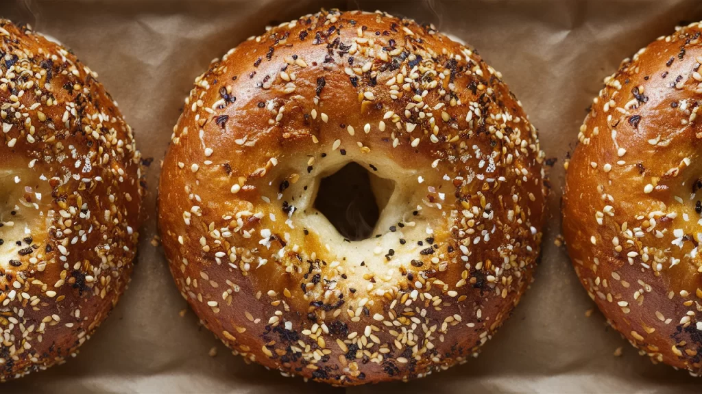 A golden-brown bagel, showcasing a symmetrical and slightly glossy surface. The bagel is generously covered in a delightful blend of everything bagel seasoning