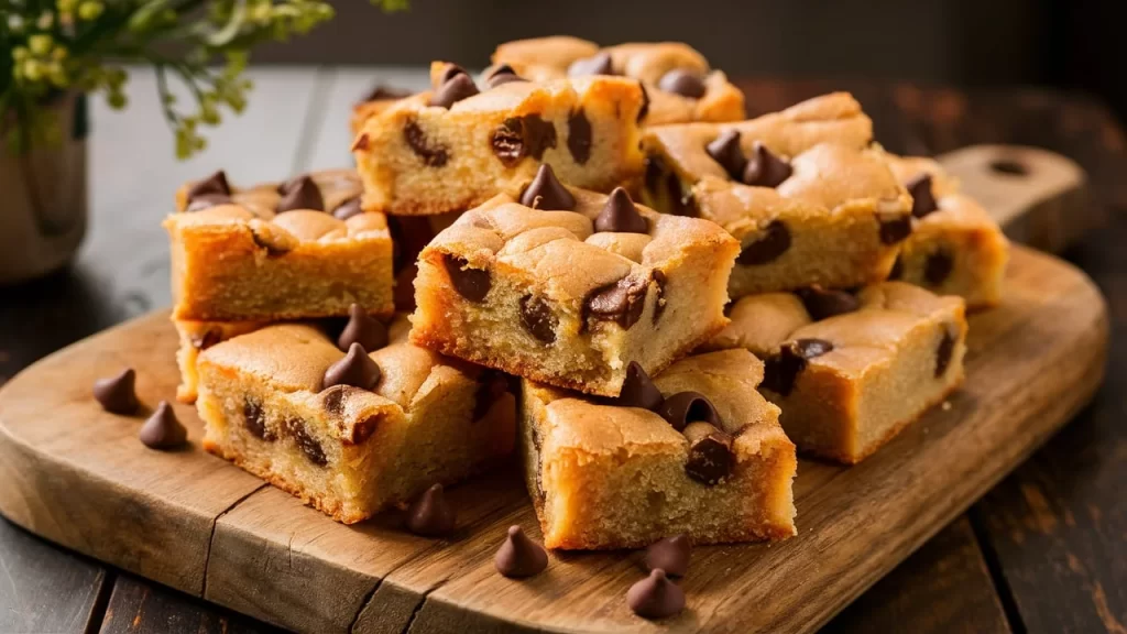 A delectable and inviting image of protein blondies displayed on a rustic wooden cutting board.