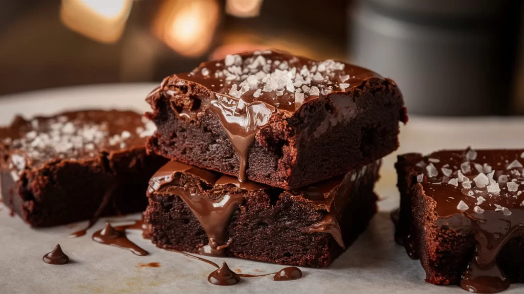 A mouthwatering, close-up photograph of four thick, fudgy protein brownies as the centerpiece.