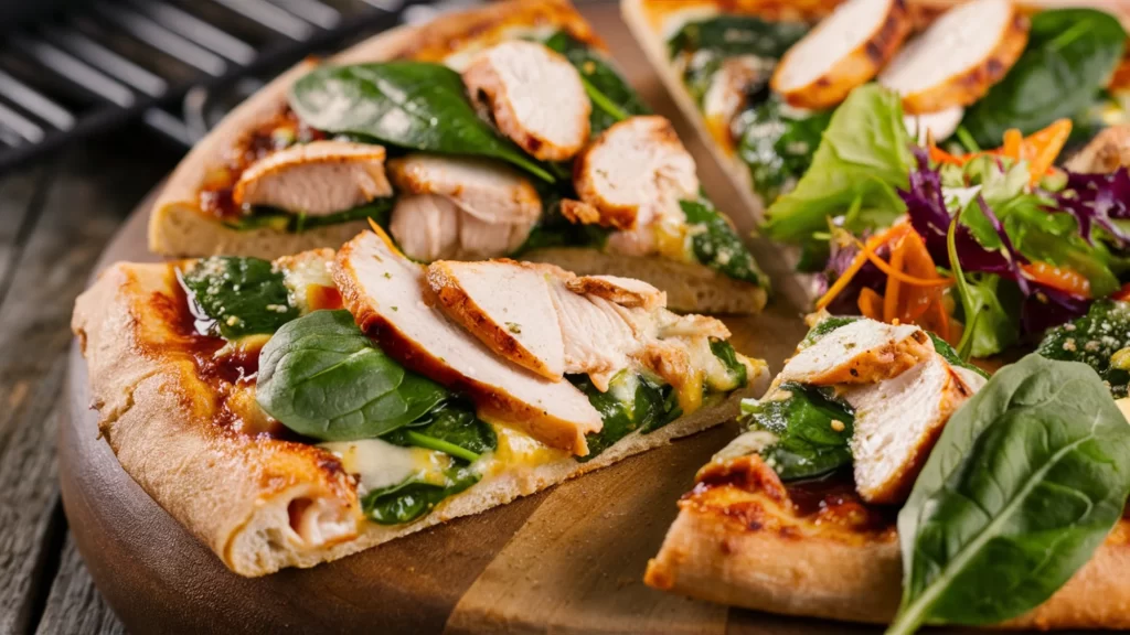 A mouthwatering homemade grilled chicken and spinach protein pizza, featuring a golden-brown crust loaded with tender slices of chicken, fresh spinach leaves