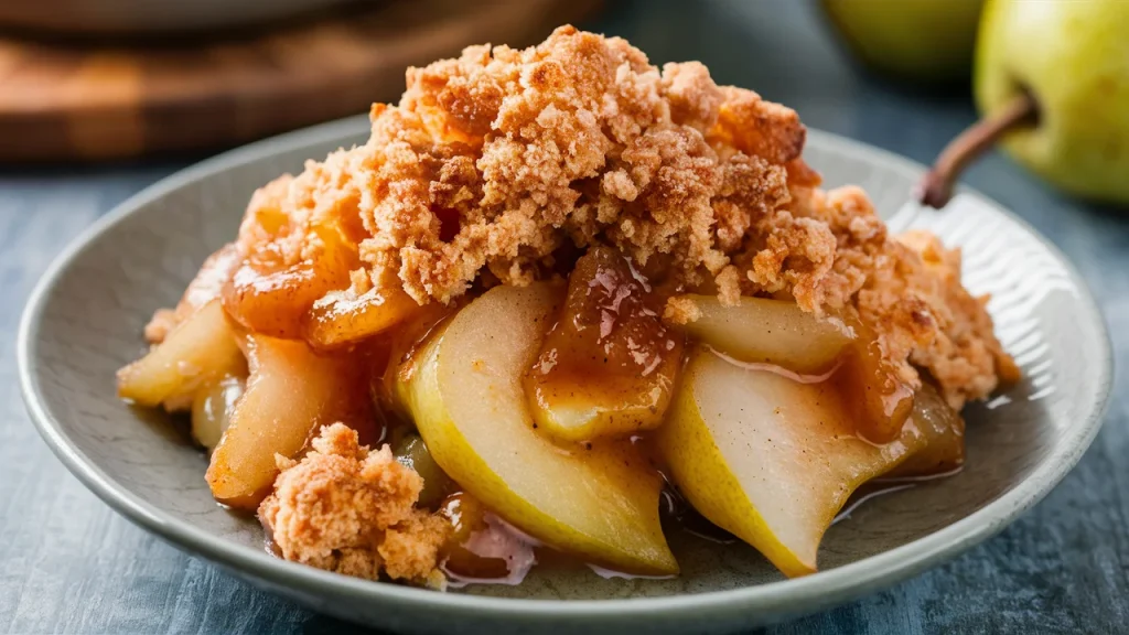 A mouthwatering close-up of a delicious pear crumble, with a spoon elegantly scooping up a generous portion.