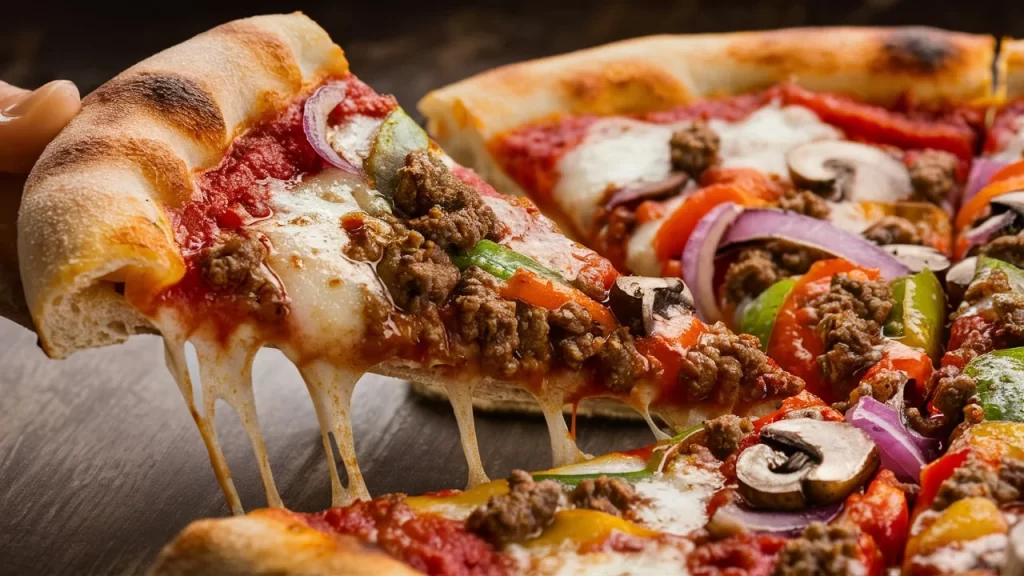 A slice of the Lean Beef & Veggie Supreme Pizza is lifted slightly to show off its beautifully golden crust and perfectly melted mozzarella cheese