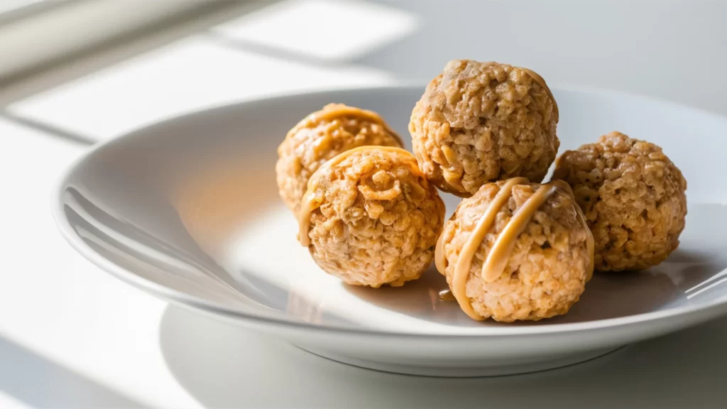 A serene, minimalist photograph showcases a pristine white plate adorned with perfectly round, golden Rice Krispies Protein Balls.