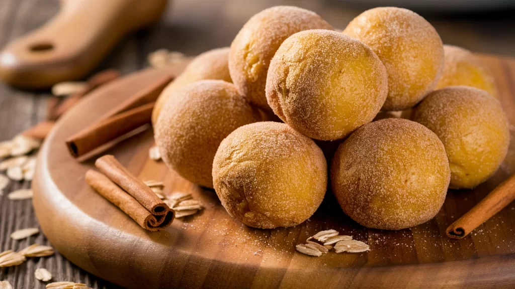 A scrumptious close-up photograph of a rustic wooden cutting board, featuring a beautifully arranged cluster of snickerdoodle protein balls.