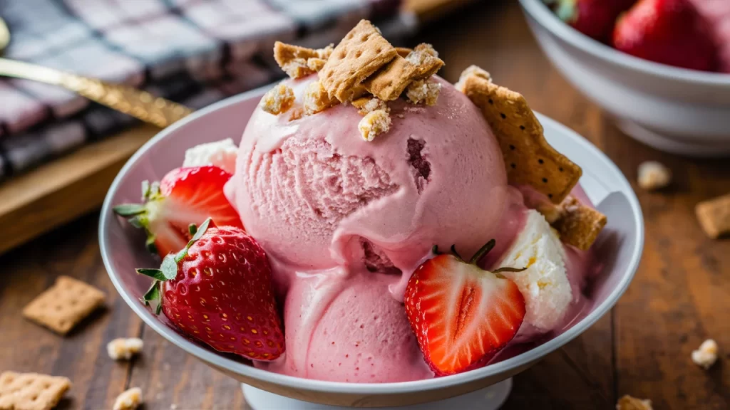A tight close-up shot of a creamy scoop of strawberry cheesecake protein ice cream, highlighting its smooth texture and vibrant pink hue.