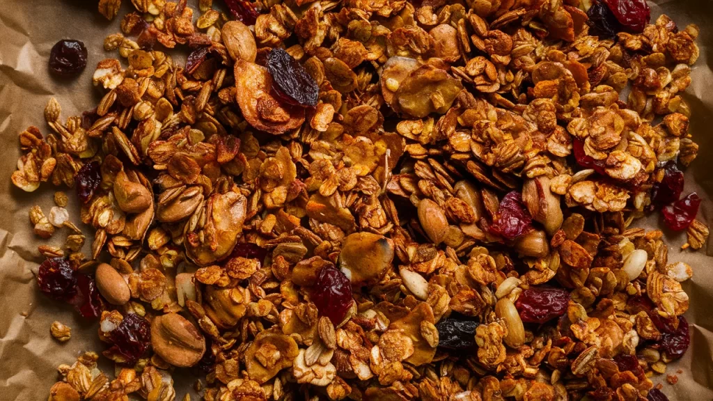 A mouthwatering close-up of homemade granola, spread generously on a parchment paper-lined tray.