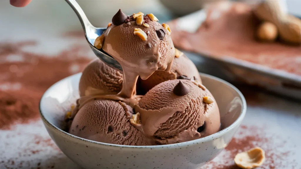 A delectable photograph of a spoon gracefully sinking into a luscious bowl of chocolate peanut butter ice cream.