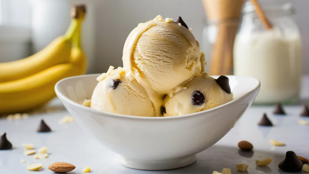A delectable close-up of a scoop of banana ice cream in a pristine white bowl, capturing its smooth and creamy texture with a subtle swirl