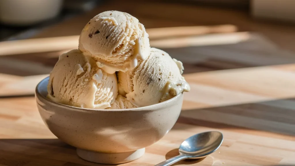 A mouthwatering close-up of a perfectly scooped coconut ice cream in a neutral-toned ceramic bowl.