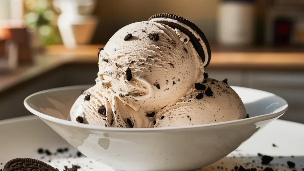 A delectable close-up of a perfectly rounded scoop of Oreo ice cream, elegantly nestled in a pristine white bowl