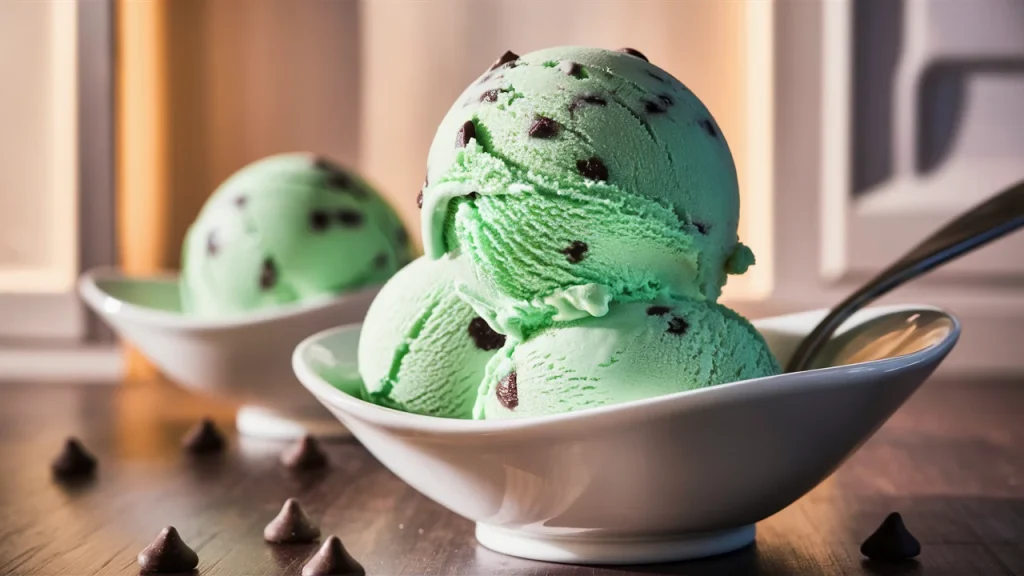A delectable photo of a mint green ice cream scoop, with a sprinkling of mini chocolate chips dotting its velvety surface.