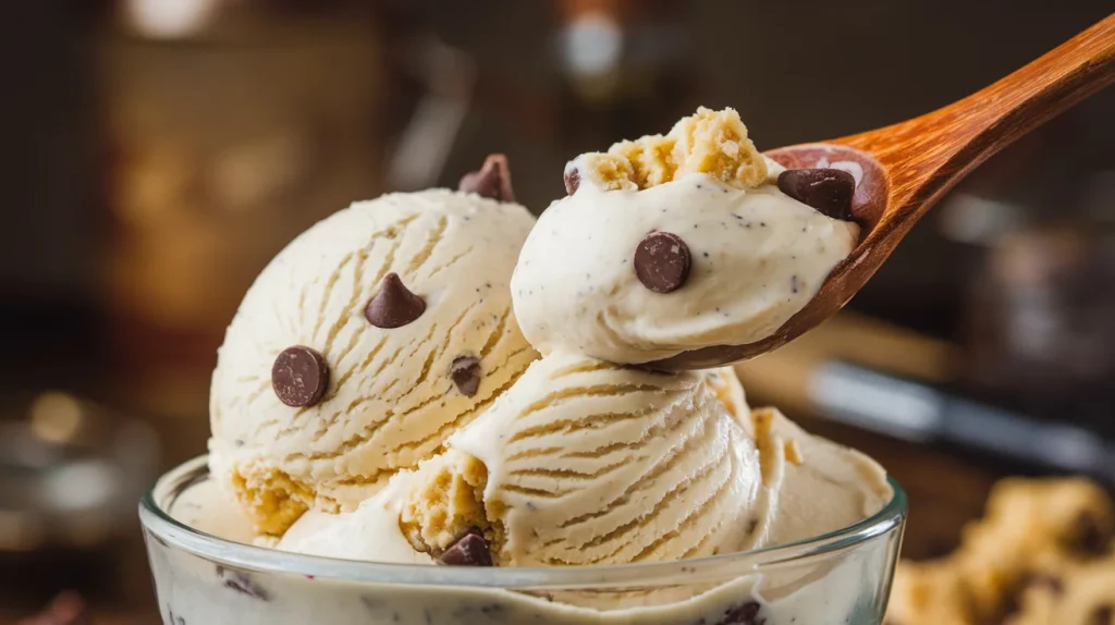 A photo of a scoop of creamy protein cookie dough ice cream in a bowl. The ice cream has a soft, velvety texture and is glistening