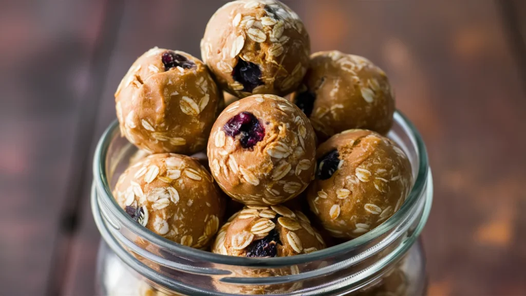 The image features a clear glass mason jar filled homemade Blueberry Protein Balls