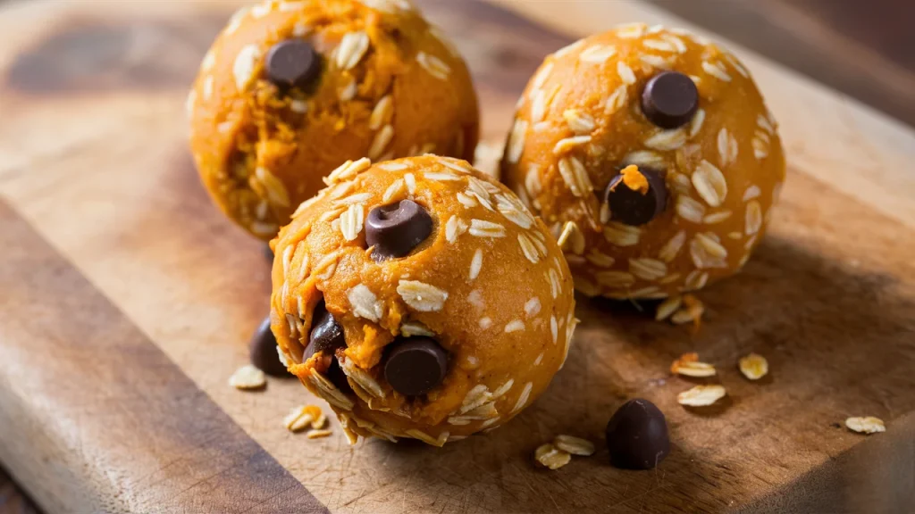 A delightful close-up of three Pumpkin protein balls on a rustic wooden cutting board.