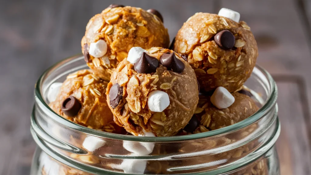 A clear glass mason jar filled with of scrumptious homemade S’mores Protein Balls