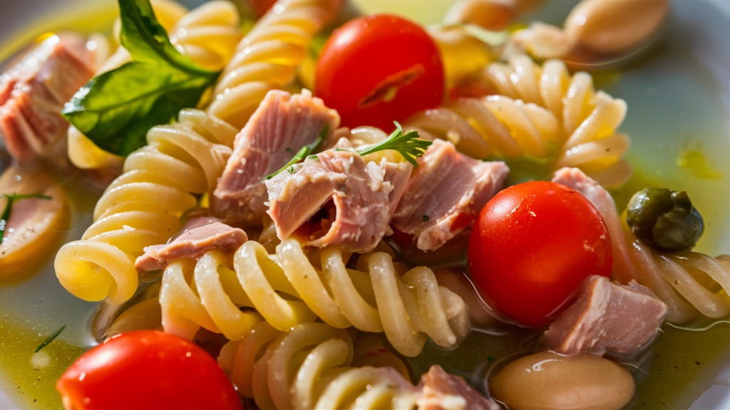 An ultra-close-up shot highlighting the textures of the Tuna & White Bean Pasta Salad.