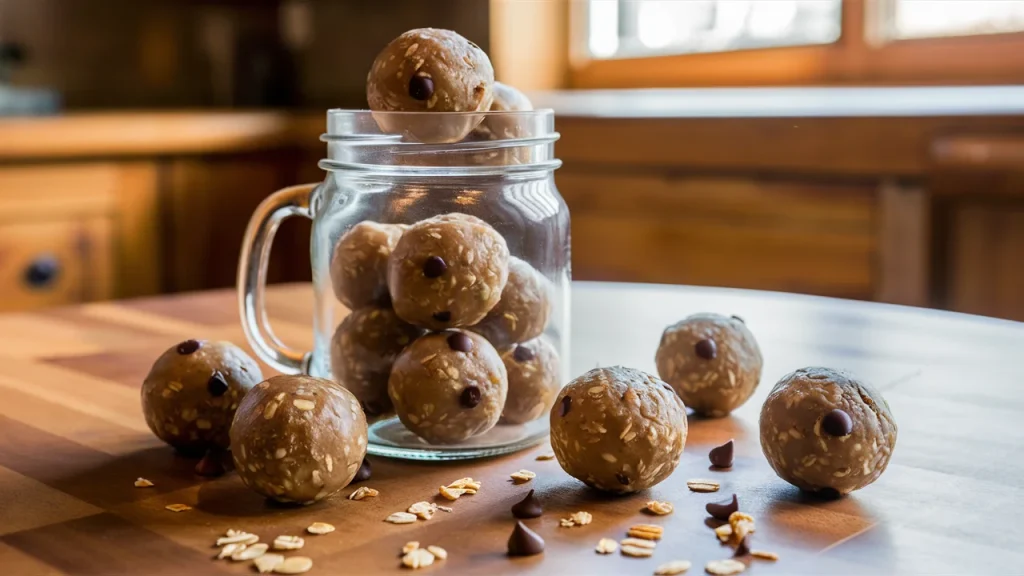 The image features a clear glass mason jar filled with protein balls, showcasing their portability