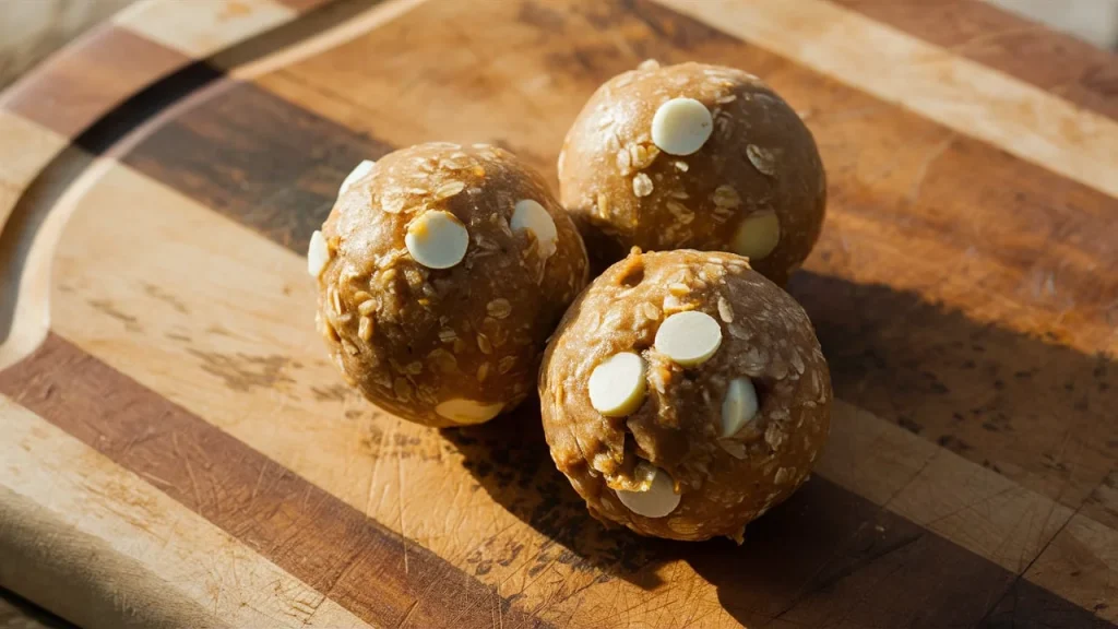 A cozy side-angle shot of three protein balls sitting on a weathered wooden cutting board.