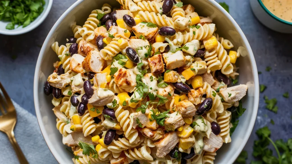 Close-up of BBQ chicken pasta salad taken from just above the rim of a large serving bowl. This hearty dish features rotini pasta mixed with grilled chicken breast, black beans, sweet corn, and shredded cheddar cheese.