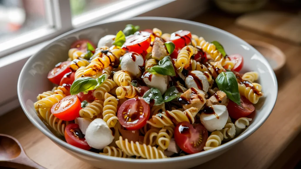 A close-up photo of a bowl of Caprese Pasta Salad taken from the front.