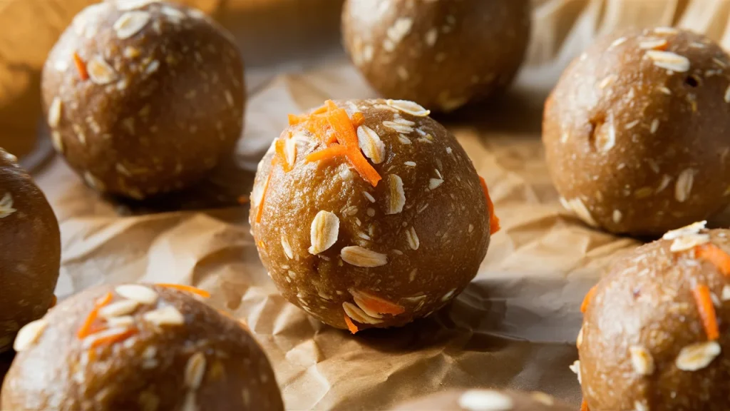 Carrot Cake protein balls made with wholesome ingredients like oats, almond butter, and finely shredded carrots. The Protein balls are slightly glossy and textured with rolled oats, shredded coconut, and vibrant orange carrot flecks that are evenly embedded throughout.