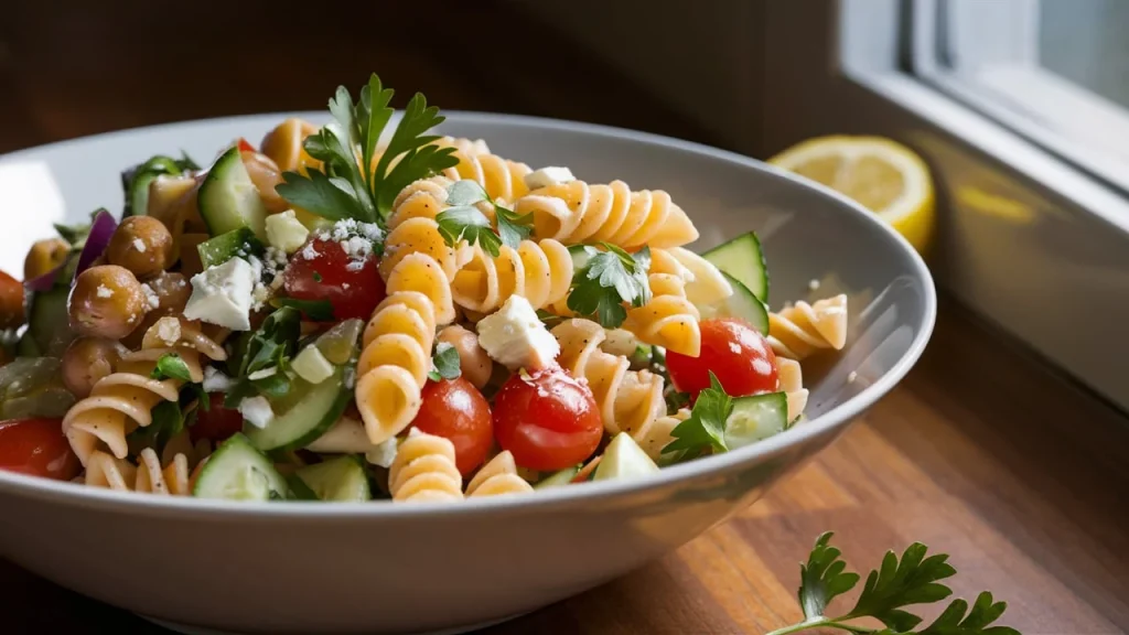 A close-up side profile of chickpea rotini pasta salad served in a white matte bowl on a rustic wooden countertop.