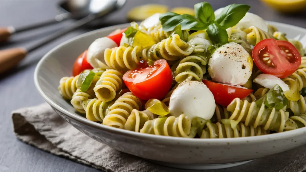 A close-up side view of a bowl of Pesto Caprese Pasta Salad. The rotini pasta is piled high and coated evenly in pesto.