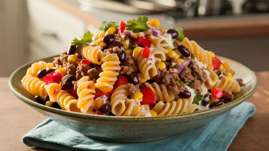 Shot from a slight side angle, the Southwest Taco pasta salad sits in a rustic bowl on a wooden counter, with the kitchen softly blurred in the background.