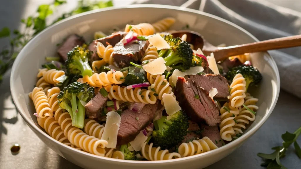 A beautifully styled close-up of a high protein pasta salad made with rotini pasta, grilled flank steak, broccoli florets, and slivered red onion. The spirals are coated in a herb-flecked balsamic-Dijon dressing, with parmesan shavings glistening in the natural backlight.