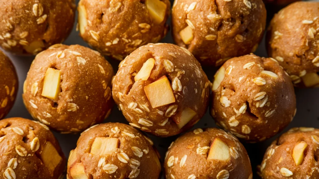 Close-up of homemade no-bake energy balls made with oats, peanut butter, and dried apple bits. Each golden-brown protein ball has a soft, chewy texture with visible apple pieces for a natural touch of sweetness. Perfect healthy snack idea for clean eating, meal prep, or on-the-go fuel.