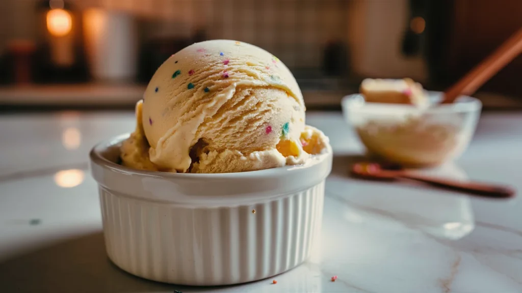 Eye-level close-up of homemade birthday cake batter ice cream in a white ceramic ramekin. The creamy pale yellow scoop features soft folds and colorful rainbow sprinkles mixed throughout, giving it a funfetti appearance. A blurred marble countertop and baking tools in the background suggest a cozy, homemade Ninja Creami dessert.