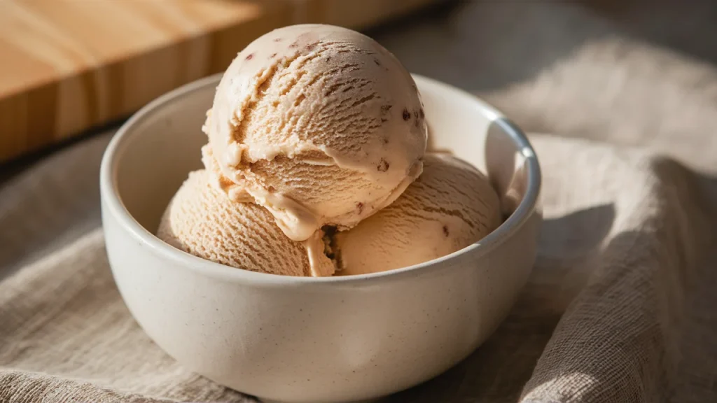 close-up shot of cinnamon-flavored protein ice cream served in a matte white bowl. Captured at a 45-degree angle, the creamy, light beige scoop is speckled with warm cinnamon and glows under soft kitchen lighting.