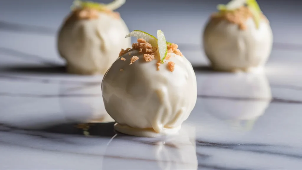 A close-up, high-resolution shot of a single white chocolate–coated lime cheesecake protein ball resting on a sleek marble counter. The glossy, fully set chocolate shell gives it a premium, truffle-like appearance.