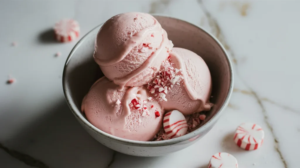 Top-down close-up of a bowl filled with creamy pale pink peppermint protein ice cream, perfectly blended with crushed peppermint candy pieces. The red and white specks add festive color and texture to the smooth, velvety ice cream. Set on a light marble countertop with scattered peppermint bits, ideal for healthy dessert lovers.