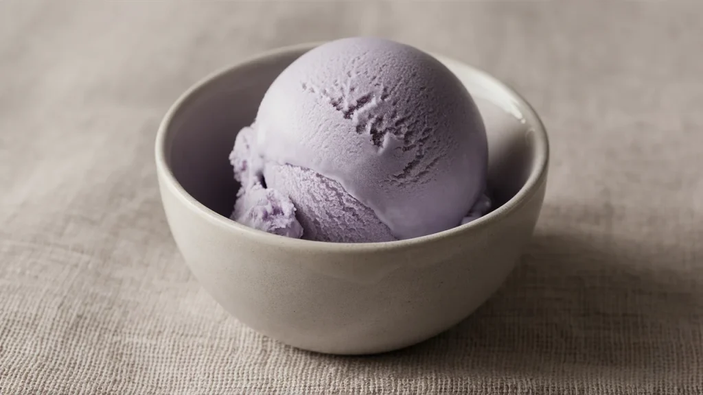 Close-up of a creamy blueberry protein ice cream scoop in a minimalist ceramic bowl, showcasing a smooth, glossy texture and light purple hue. Styled on a neutral linen cloth for a clean, modern presentation