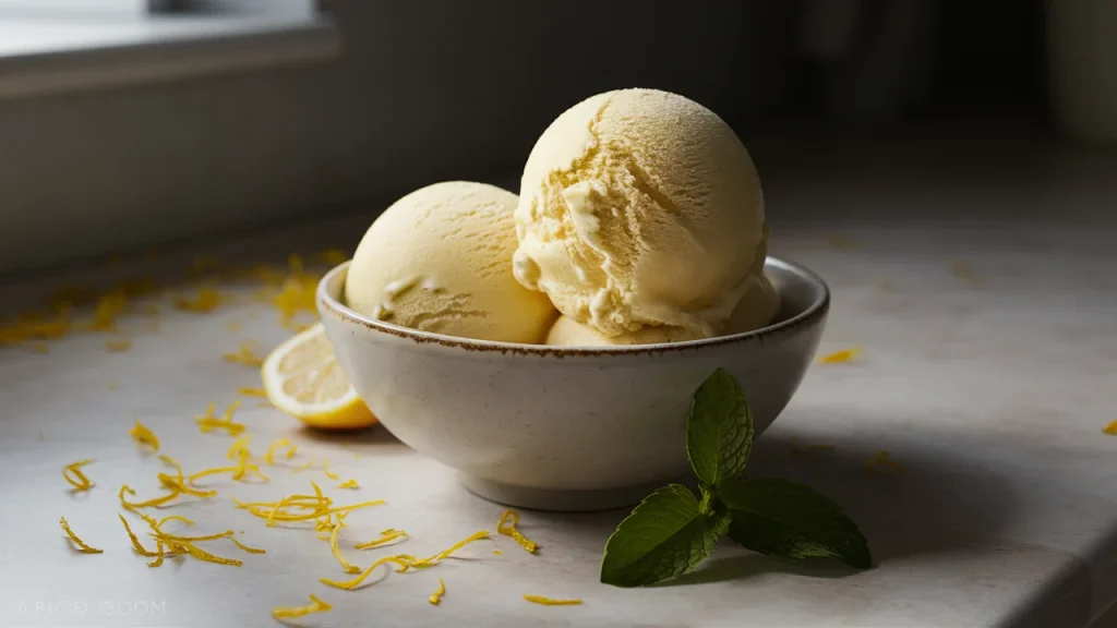 Close-up of creamy lemon protein ice cream in a bowl, topped with fresh lemon zest and garnished with a mint sprig. Styled with natural light on a kitchen countertop, showcasing a soft, pale yellow color and a fresh
