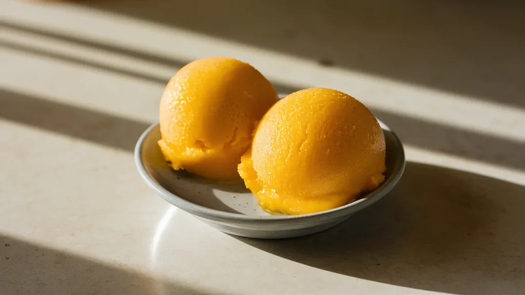 Two scoops of vibrant mango sorbet sit in a small bowl, photographed at a 3/4 angle with soft afternoon light highlighting their smooth, frozen texture. The golden-orange sorbet contrasts beautifully with the clean, neutral kitchen counter in the background.