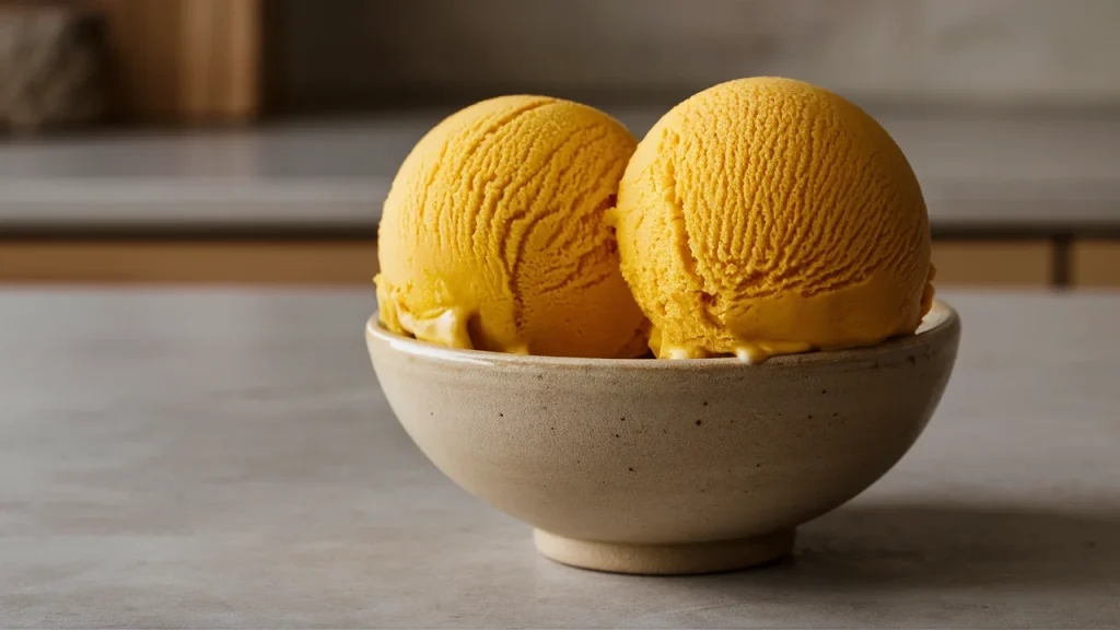 A close-up, side-angle photo of two perfectly scooped golden-yellow mango ice cream servings in a ceramic bowl. The ice cream’s dense, slightly rippled texture is highlighted, set against a neutral-toned countertop.